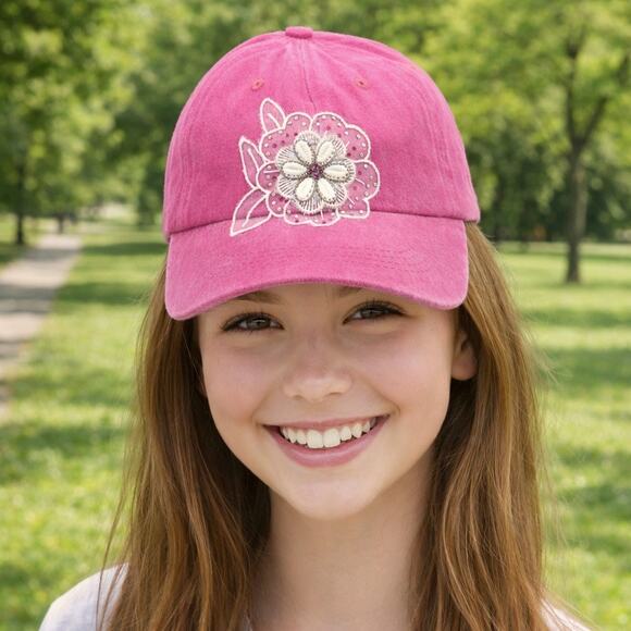 Handmade Shiny Rhinestone Bling Floral accent Pink Streetwear Baseball Cap Hat - Picture 3 of 9